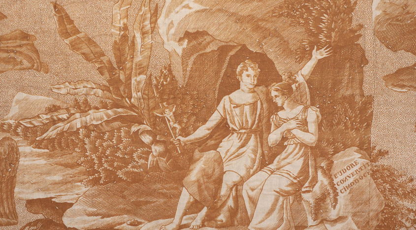 Manufacture de Rouen, garniture de lit, Eudore convertit Cimodocée (détail), vers 1820, toile de coton imprimée, Maison de Chateaubriand CD92/Vincent Lefèbvre
